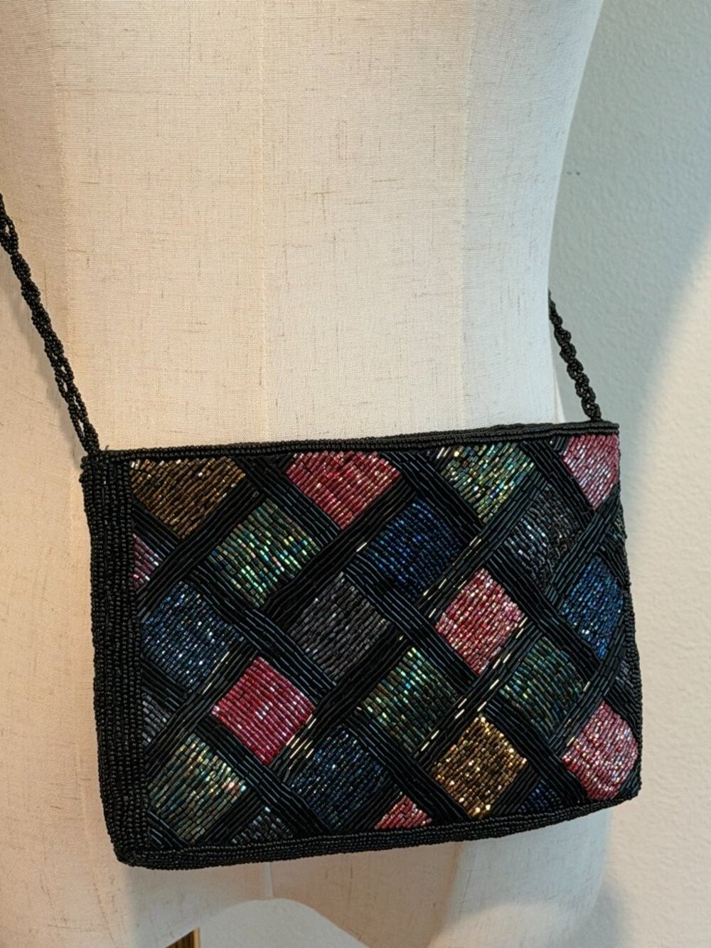 Regale Ltd Vintage Beaded Crossbody Purse Black Geometric Diamond Evening Bag - Picture 3 of 9